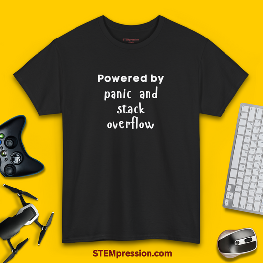 Powered by Panic and Stack Overflow - Unisex Cotton Tee